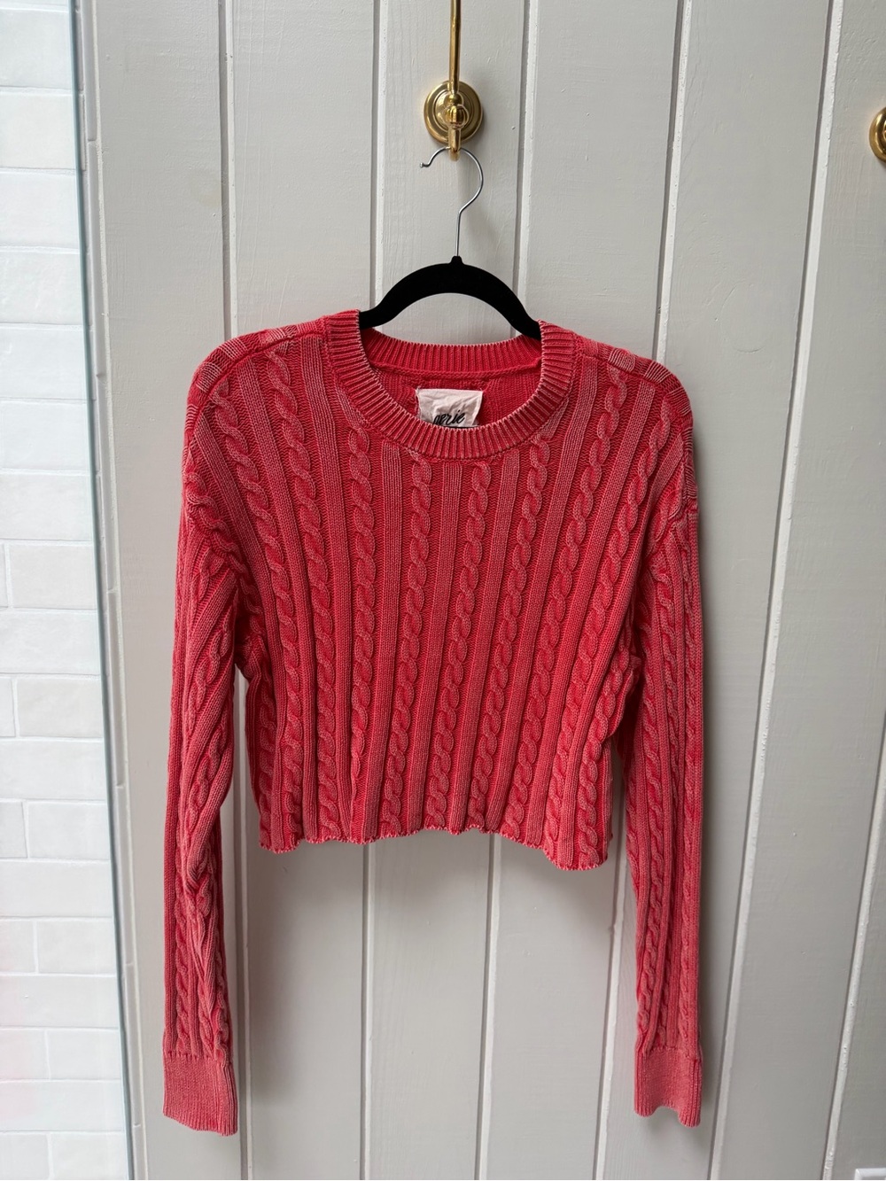 aerie Coral Cable-Knit Cropped Sweater